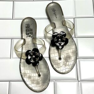 Brighton Jelly Flip Flop Thongs Sandals Silver Clear Black Flower Size 9 - 10